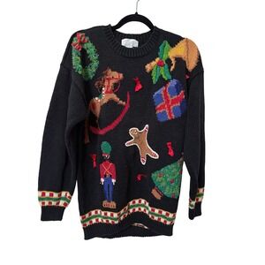 Cleo Vintage Ugly Christmas Sweater Black Ramie Cotton Embroidered Nutcracker L